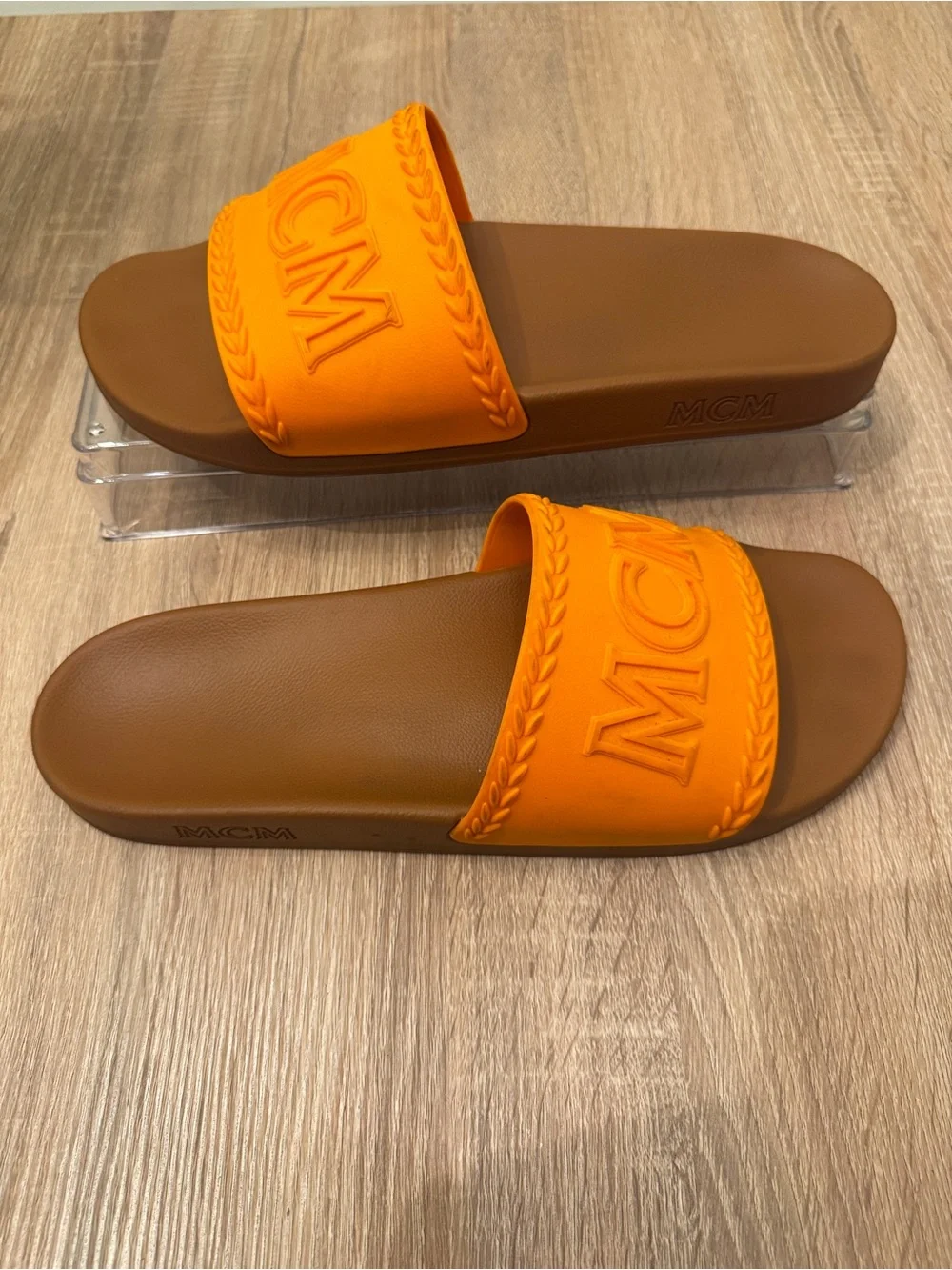 MCM Men’s Orange & Cognac Logo Slide Sandals – Size 46 / US 12.5